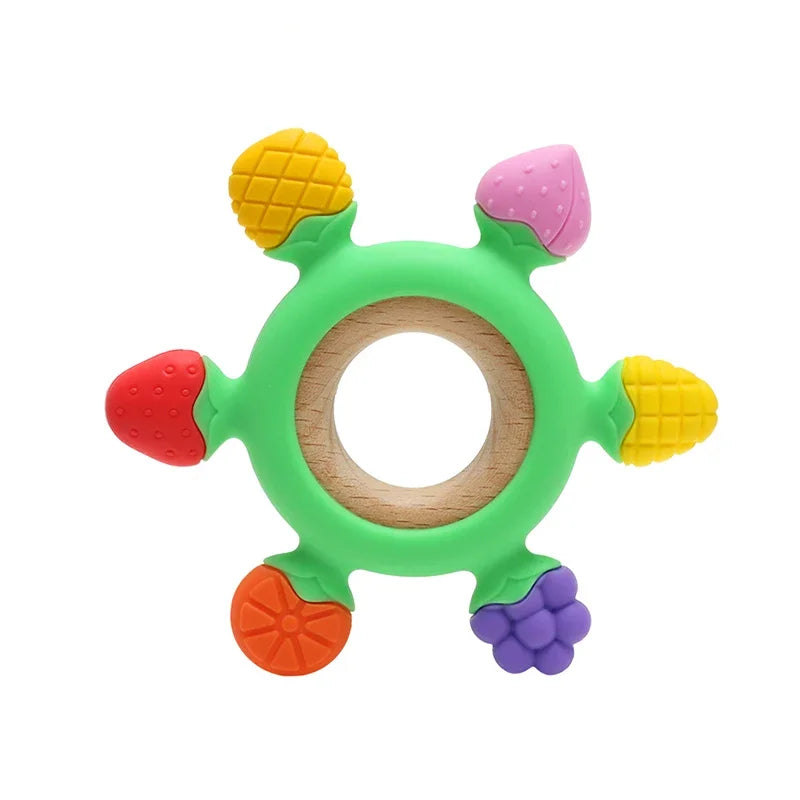Anneaux de dentition en silicone pour bébé sans BPA avec anneau en bois, en forme de fruit jouets.