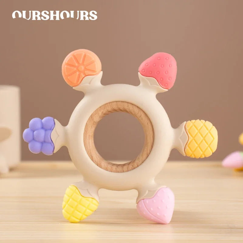Anneaux de dentition en silicone pour bébé sans BPA avec anneau en bois, en forme de fruit jouets.