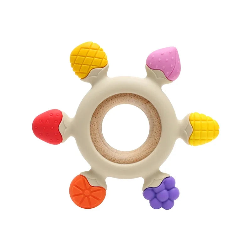 Anneaux de dentition en silicone pour bébé sans BPA avec anneau en bois, en forme de fruit jouets.