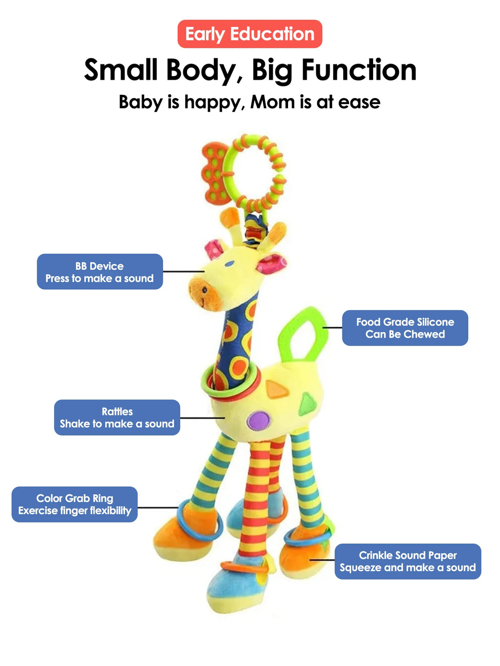 Hochet doux en peluche en forme de girafe, jouet suspendu pour bébé (voiture ou lit), jouet d’éveil et de développement précoce avec poignée.