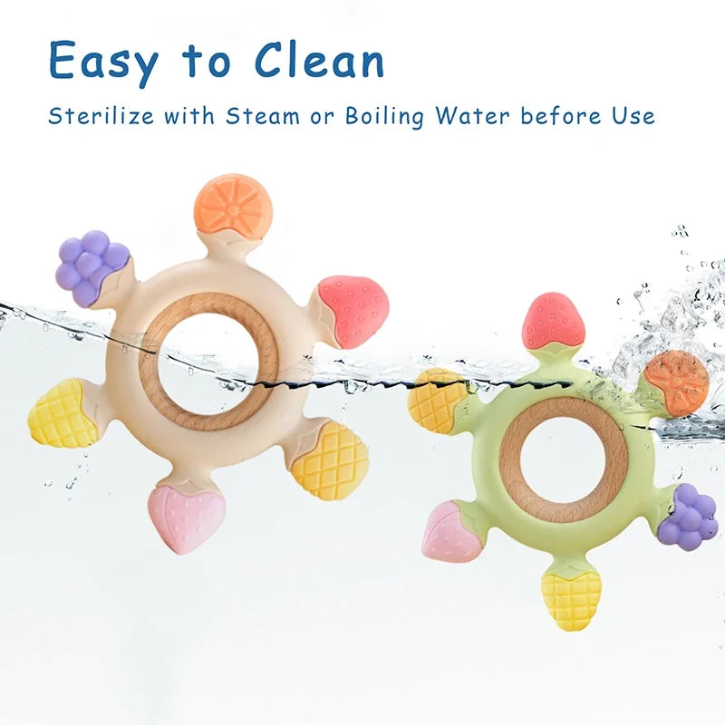 Anneaux de dentition en silicone pour bébé sans BPA avec anneau en bois, en forme de fruit jouets.