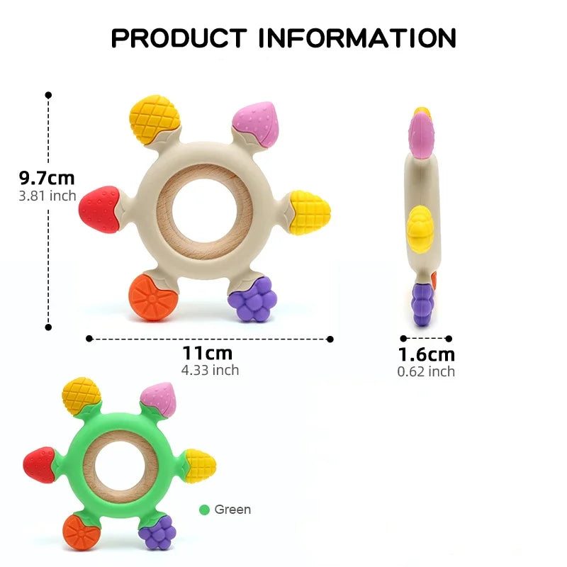 Anneaux de dentition en silicone pour bébé sans BPA avec anneau en bois, en forme de fruit jouets.
