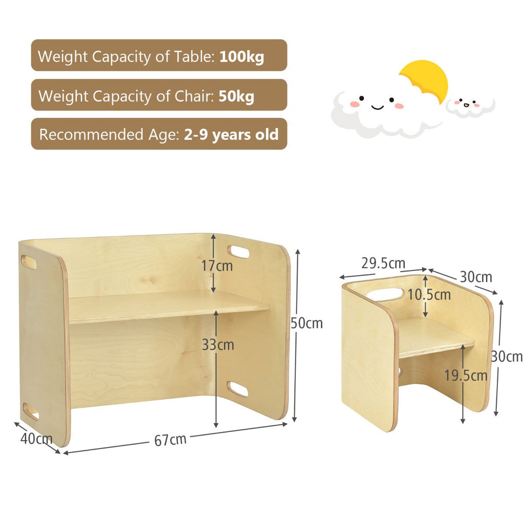 NNECW Kids Table and Chair Set with Storage Shelves-Natural